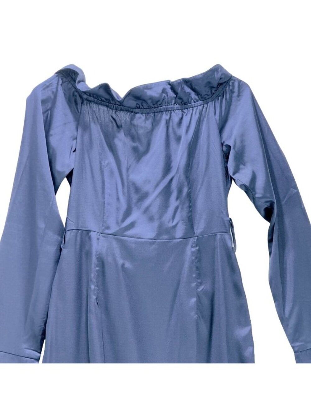 PRETTY LITTLE THING Women's Dress Blue Silky Maxi Ruffled Side Seam Slit Size 4 - Picture 5 of 7